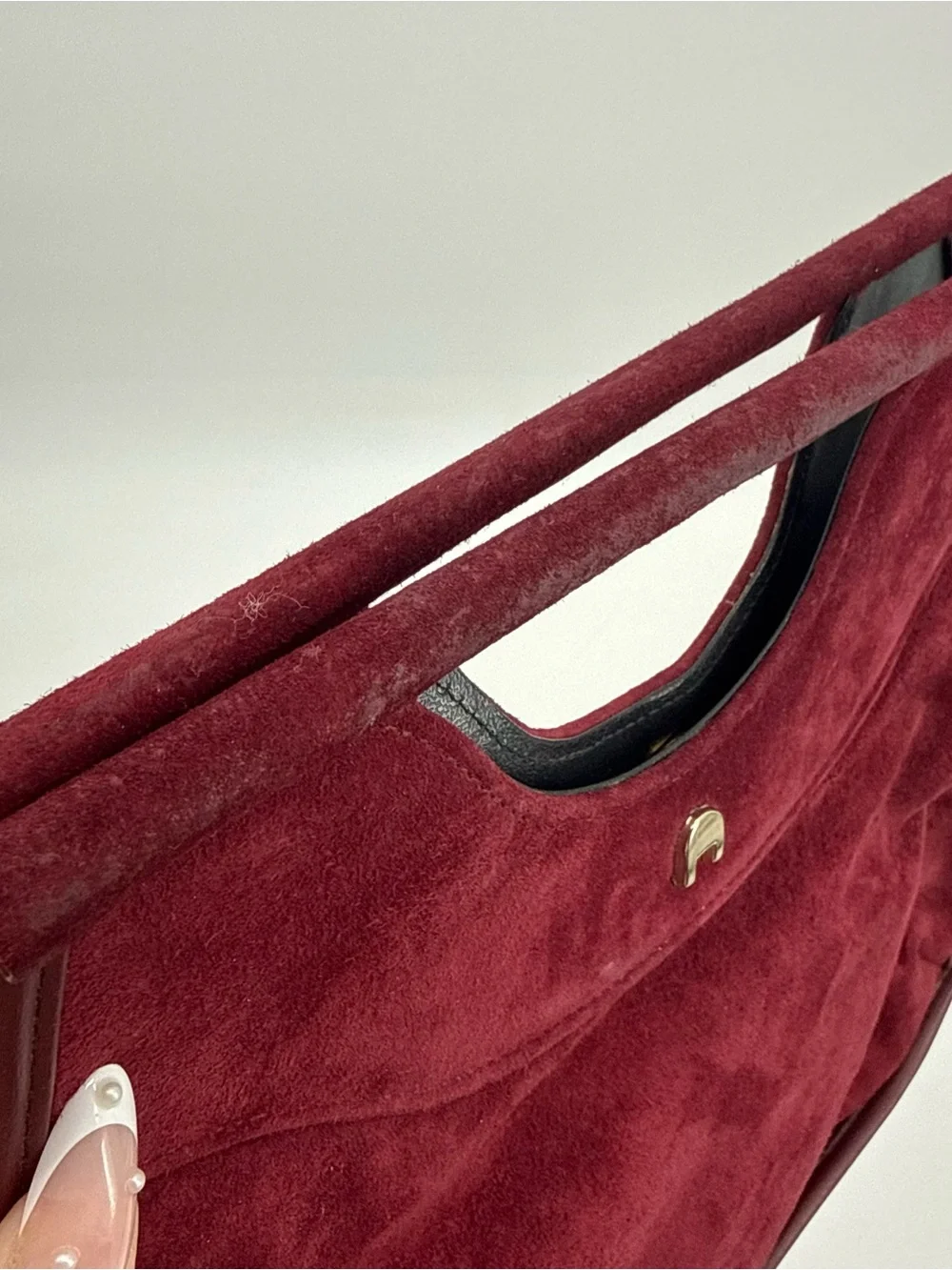 Vintage Burgundy Suede Top Handle Handbag Gold Hardware Structured Purse